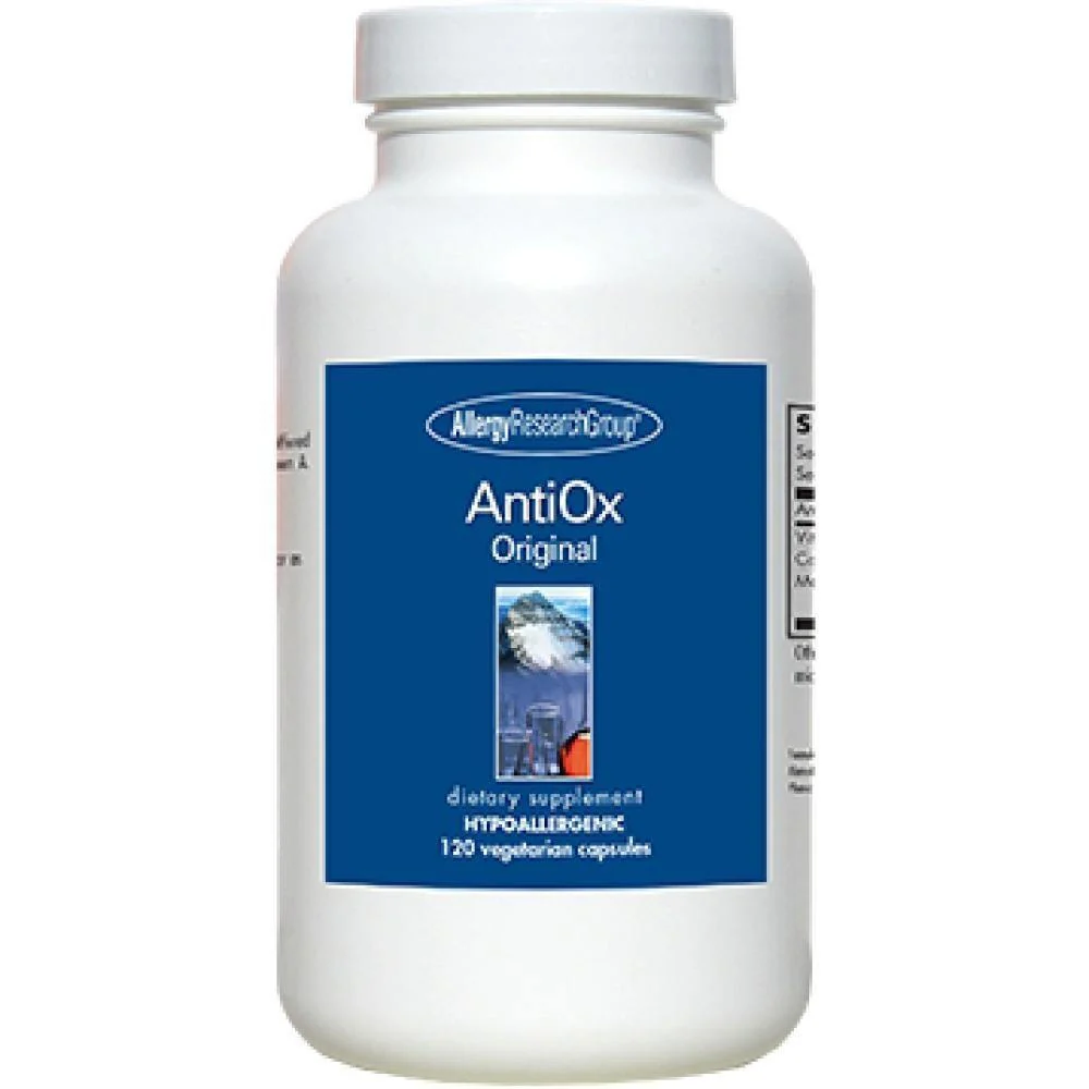 Allergy Research Group AntiOx Original dietary supplement, 120 vegetarian capsules, white bottle with blue label