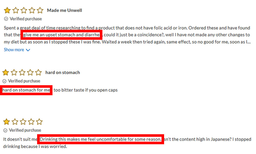 Customer reviews reporting upset stomach and diarrhea after taking a mineral supplement