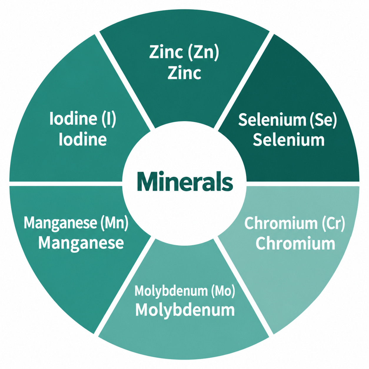 Diagram of six minerals: zinc, selenium, chromium, molybdenum, manganese and iodine