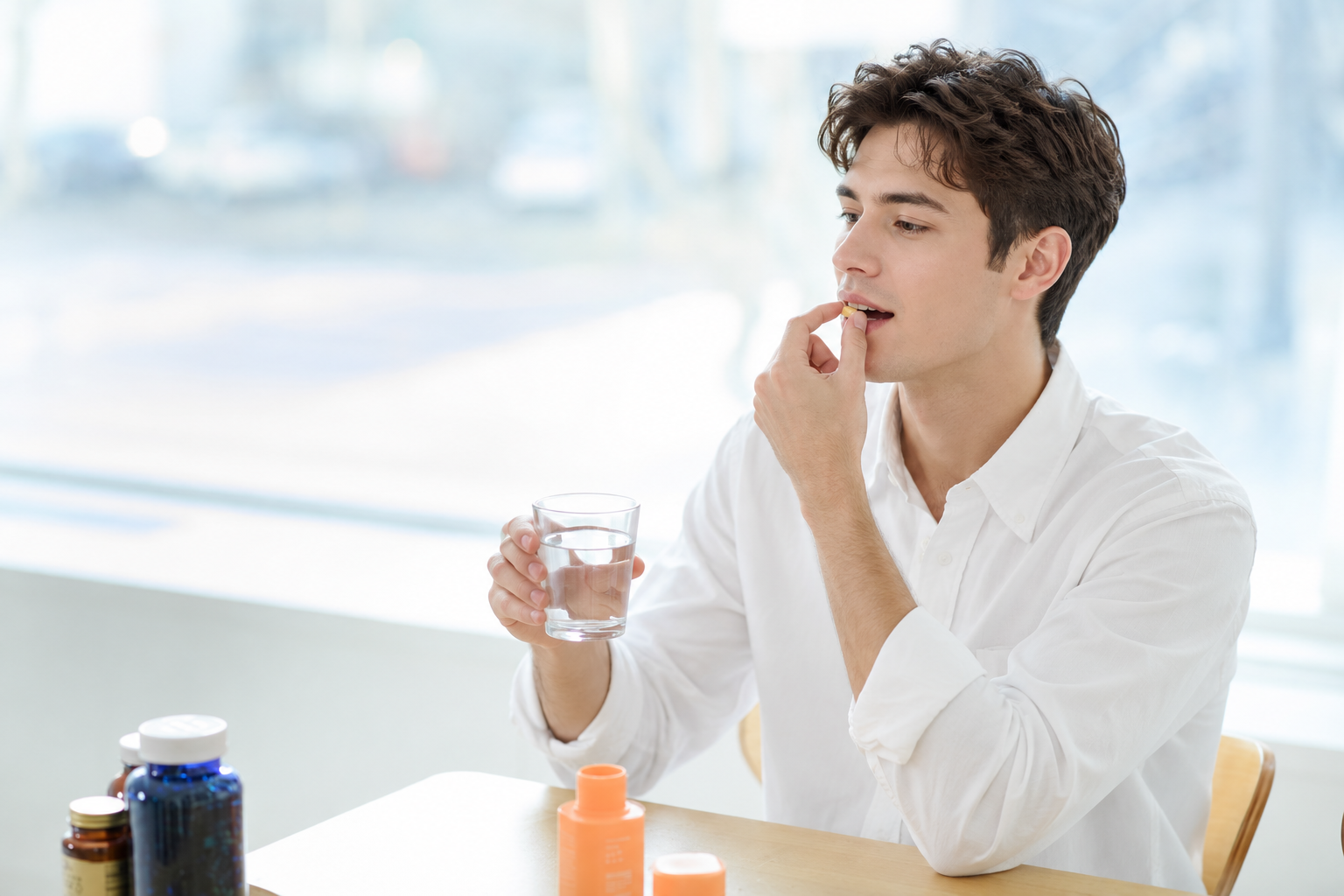 Man taking a supplement tablet with a glass of water