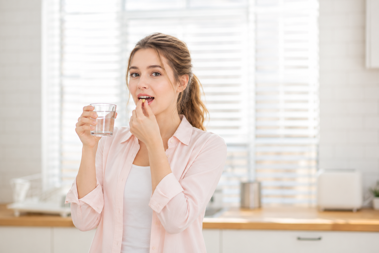Woman taking a mineral supplement with water