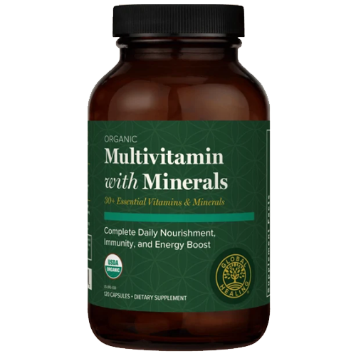 Global Healing Organic Multivitamin with Minerals bottle containing 30 plus vitamins and minerals