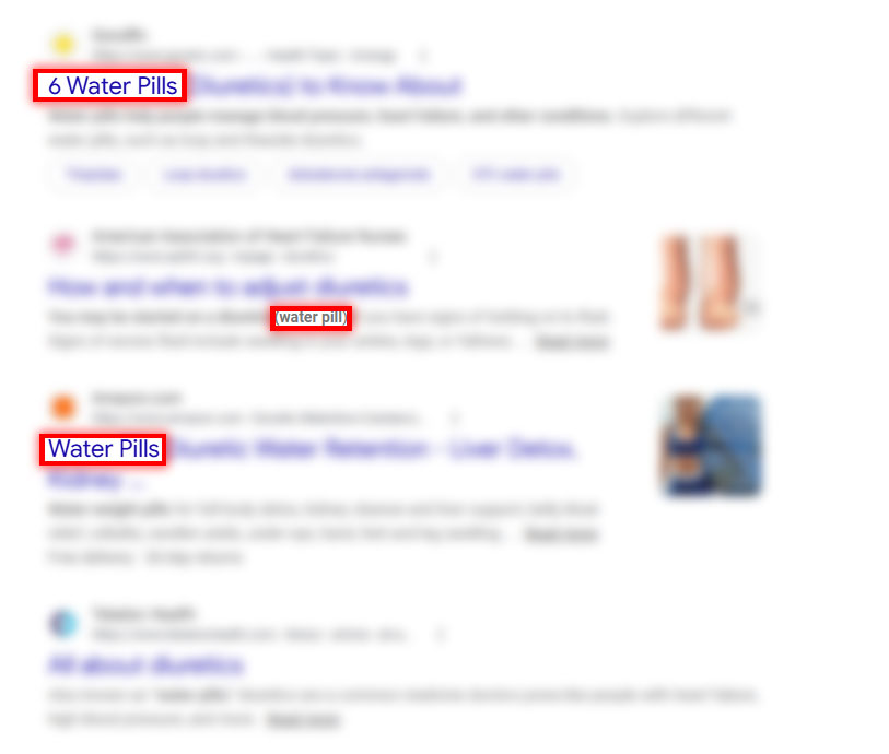 Google search results for water pills, the diuretics people take for bloating