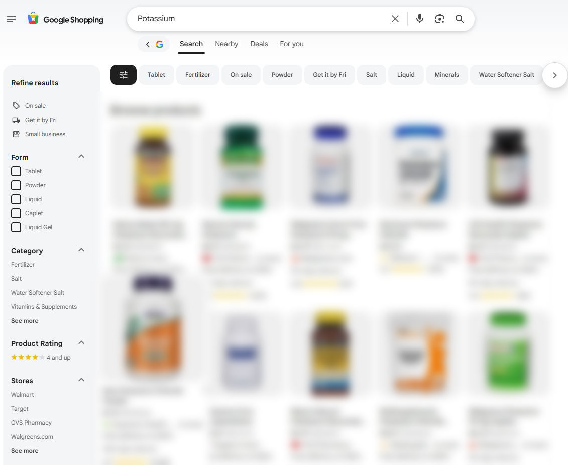 Potassium supplement search results with product names and prices obscured