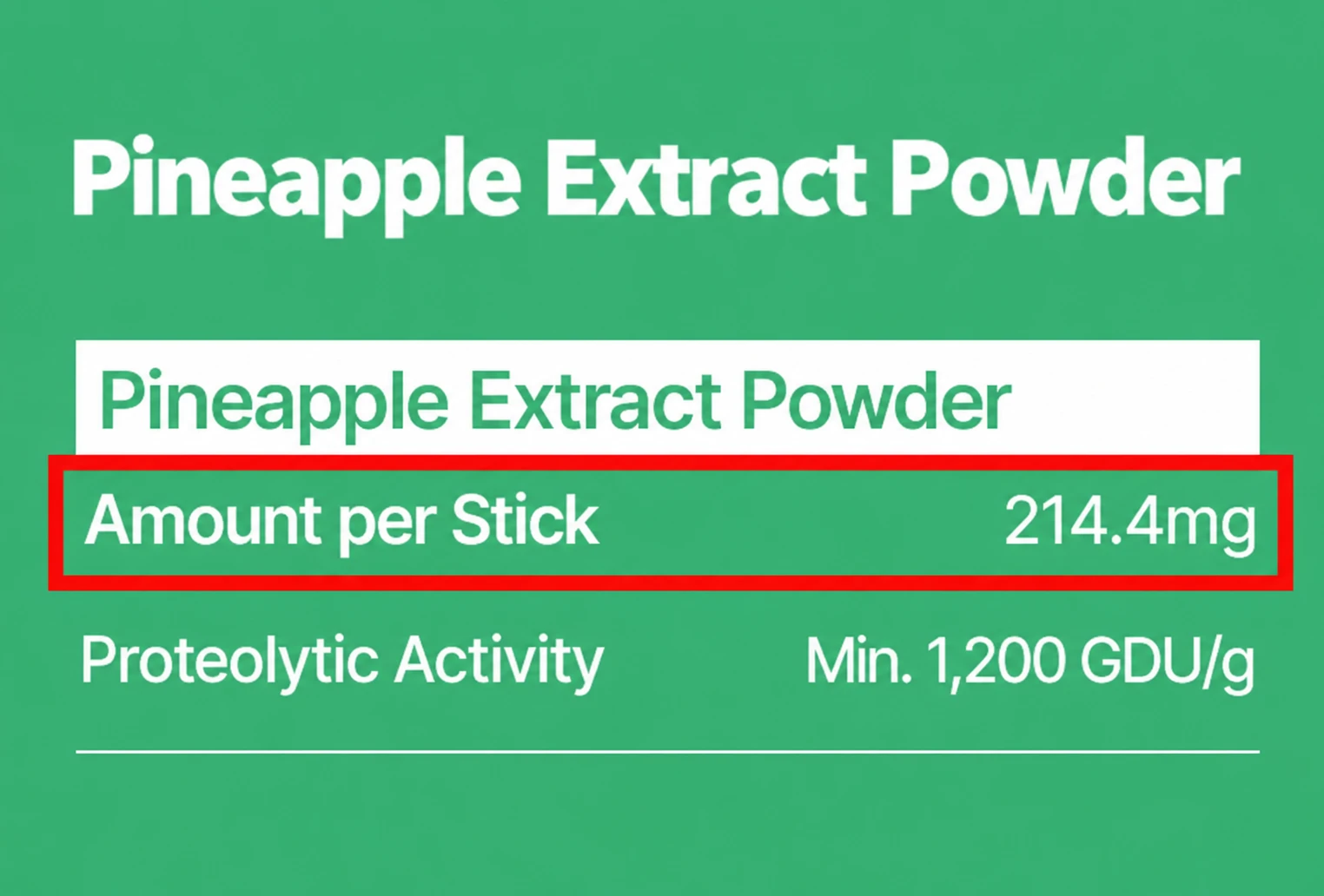 Product panel highlighting 214.4mg of pineapple extract powder per stick